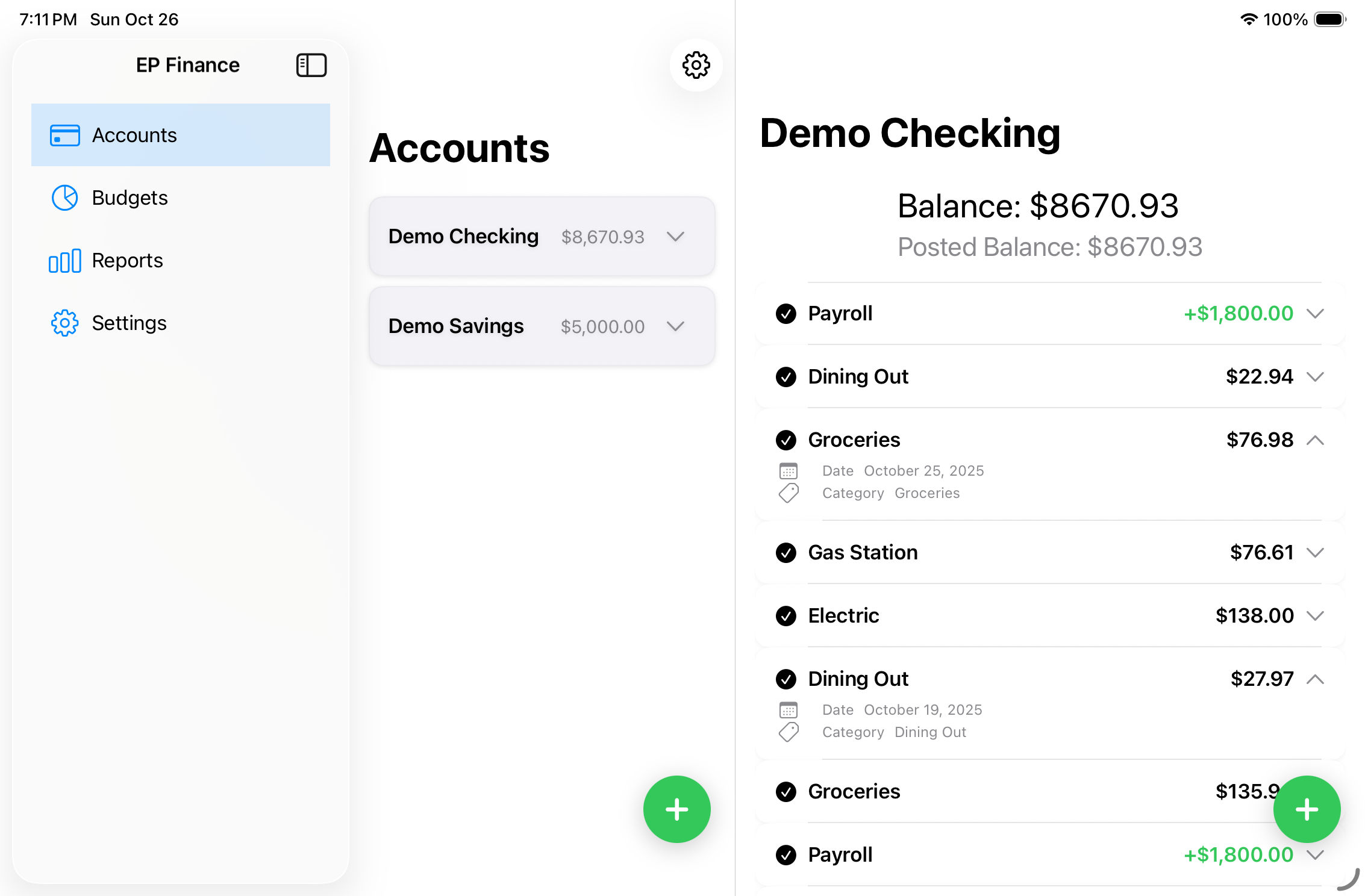Split view with register and details