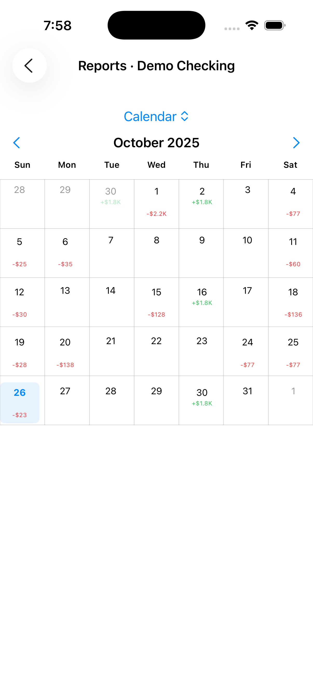Calendar view of transactions